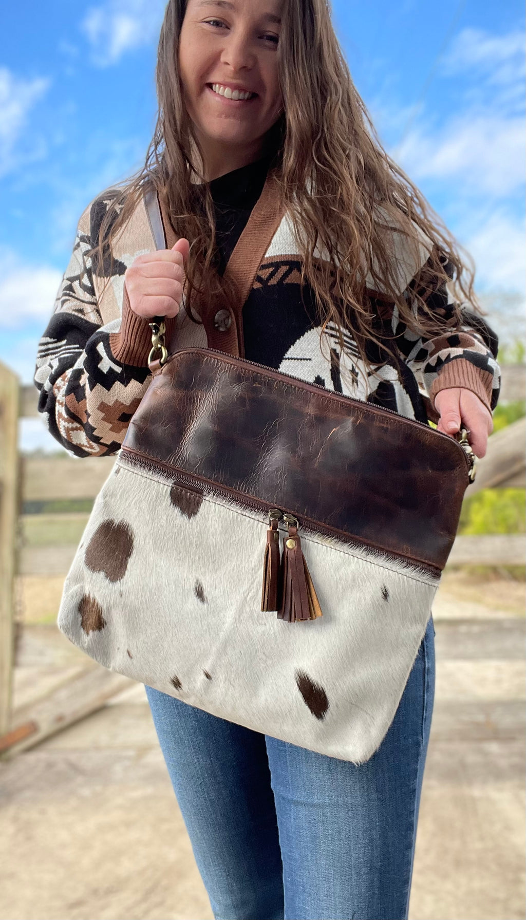 Leather Crossbody Bag With Cowhide