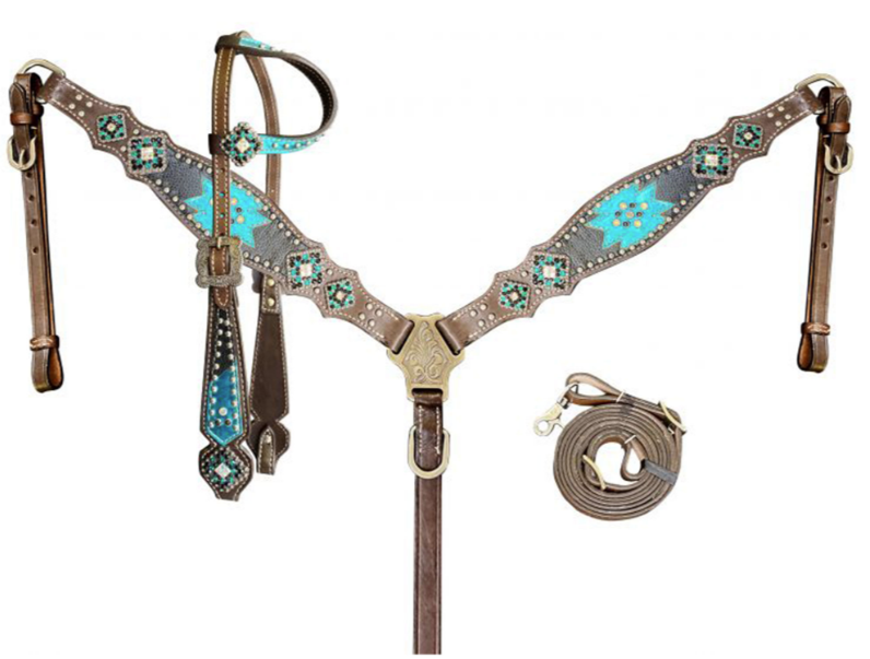 Aztec Blue One Ear Headstall and Breastcollar Set